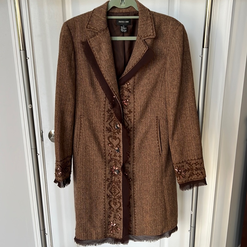 Wool and polyester embroidered and beaded trench coat